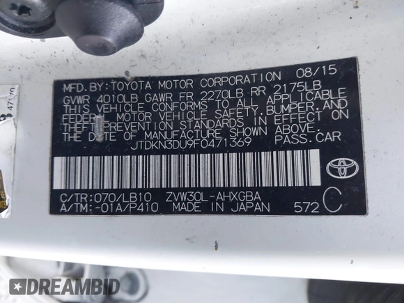 2015 Toyota Prius Four with VIN JTDKN3DU9F0471369, listed as a IAAI auction lot 41725887 with 161,489 mi miles. Bid and sale history available at carsss.com. Image 9.