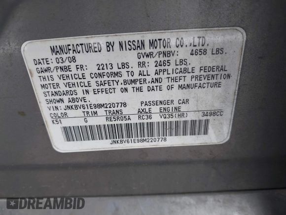 2008 Infiniti G35 Journey with VIN JNKBV61E98M220778, listed as a IAAI auction lot 42058038 with 204,901 mi miles and . Bid and sale history available at DreamBid. Image 9.
