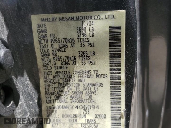 2005 Nissan Frontier LE z VIN 1N6AD06W45C406094, wystawiony jako Copart lot #54011914 z przebiegiem 165 293 mil mil oraz Szkoda całkowita • Salvage title. Historia ofert i sprzedaży dostępna na DreamBid. Obrazek 12.