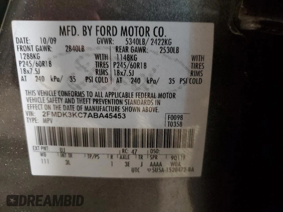2010 Ford Edge Limited with VIN 2FMDK3KC7ABA45453, listed as a Copart auction lot 42615765 with 0 mi miles and Salvage Title. Bid and sale history available at carsss.com. Image 13.