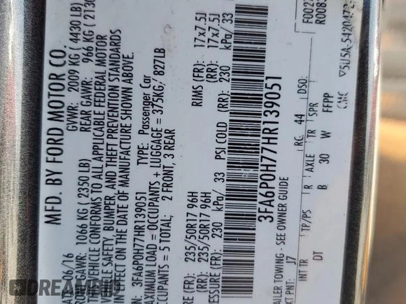 2017 Ford Fusion SE with VIN 3FA6P0H77HR139051, listed as a Copart auction lot 50209085 with 94,493 mi miles and Salvage Title. Bid and sale history available at carsss.com. Image 15.