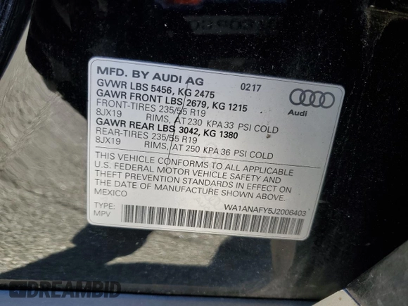 2018 Audi Q5 Premium with VIN WA1ANAFY5J2006403, listed as a Copart auction lot 87045534 with 99,215 mi miles and Salvage title. Bid and sale history available at DreamBid. Image 13.