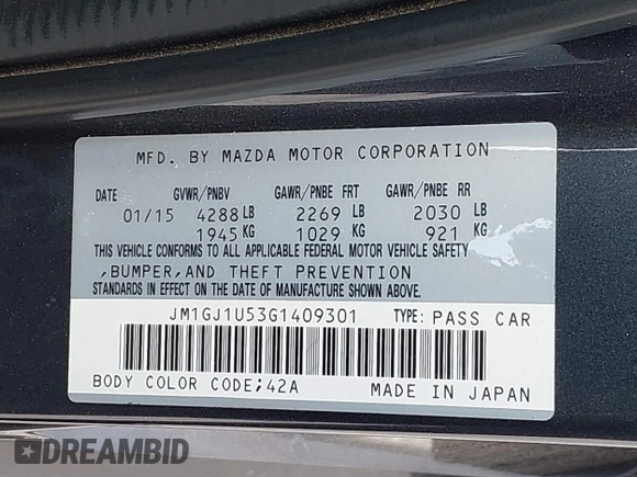 2016 Mazda 6 i Sport with VIN JM1GJ1U53G1409301, listed as a IAAI auction lot 42057930 with 100,434 mi miles and . Bid and sale history available at DreamBid. Image 9.