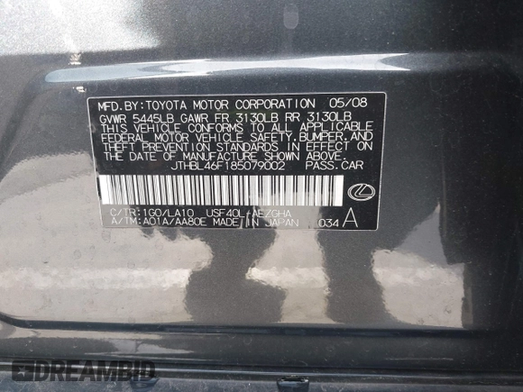 2008 Lexus LS 460 with VIN JTHBL46F185079002, listed as a IAAI auction lot 41724629 with Not Provided miles and . Bid and sale history available at DreamBid. Image 9.