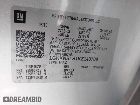 2019 GMC Acadia SLE with VIN 1GKKNSLS1KZ140788, listed as a IAAI auction lot 41636885 with 175,988 mi miles and . Bid and sale history available at DreamBid. Image 9.