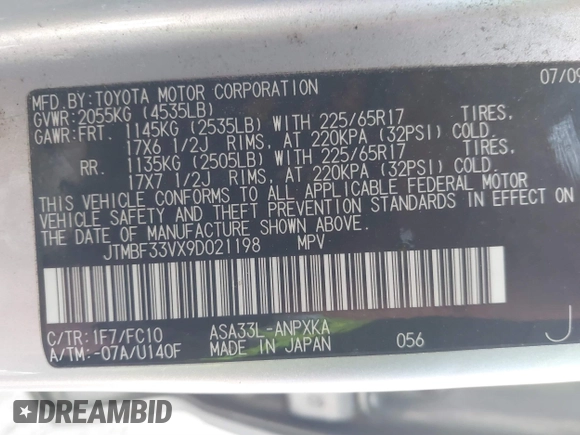 2009 Toyota RAV4 with VIN JTMBF33VX9D021198, listed as a IAAI auction lot 41787264 with 162,277 mi miles. Bid and sale history available at carsss.com. Image 9.