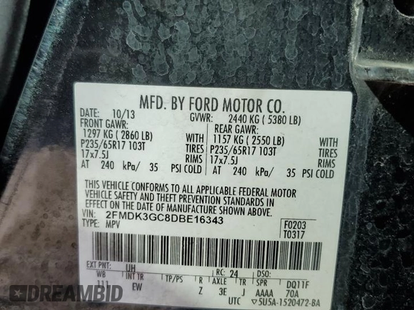 2013 Ford Edge SE with VIN 2FMDK3GC8DBE16343, listed as a Copart auction lot 65129805 with 258,949 mi miles and Clean title. Bid and sale history available at DreamBid. Image 13.