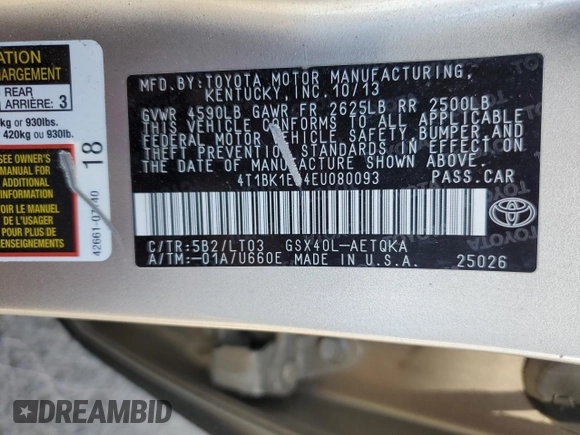 2014 Toyota Avalon Limited with VIN 4T1BK1EB4EU080093, listed as a Copart auction lot 54106595 with 108,995 mi miles and Salvage Title. Bid and sale history available at DreamBid. Image 13.