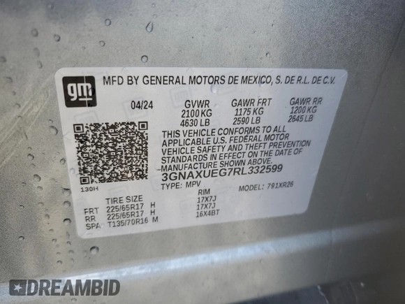 2024 Chevrolet Equinox LT with VIN 3GNAXUEG7RL332599, listed as a Copart auction lot 50180535 with 8,723 mi miles and Salvage Title. Bid and sale history available at DreamBid. Image 13.