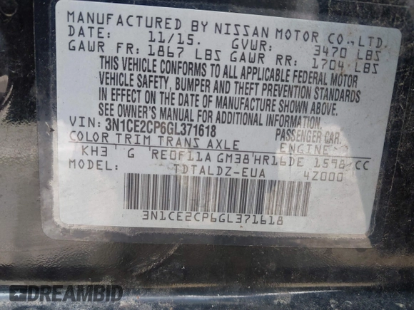 2016 Nissan Note SL with VIN 3N1CE2CP6GL371618, listed as a IAAI auction lot 41921616 with 89,721 mi miles and . Bid and sale history available at DreamBid. Image 9.