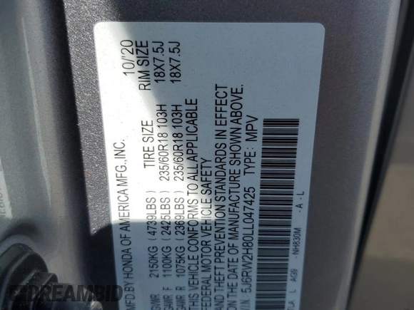 2020 Honda CR-V EX-L with VIN 5J6RW2H80LL047425, listed as a Copart auction lot 61838695 with 20,869 mi miles and Salvage title. Bid and sale history available at DreamBid. Image 13.