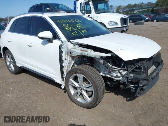 2020 Audi Q3 S line Premium Plus with VIN WA1EECF37L1099564, listed as a IAAI auction lot 41860268 with 55,389 mi miles and . Bid and sale history available at DreamBid. Image 1.