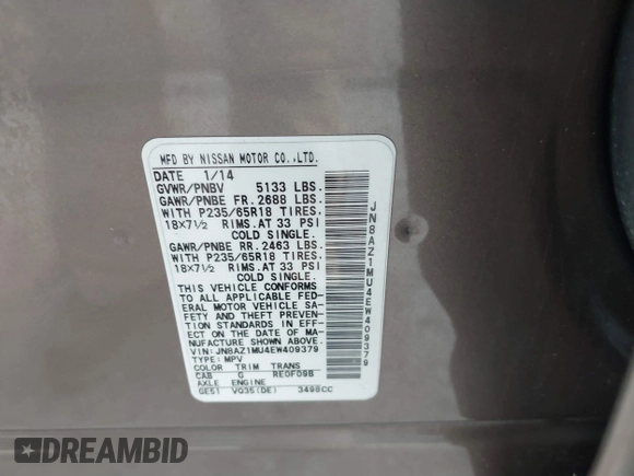 2014 Nissan Murano SV with VIN JN8AZ1MU4EW409379, listed as a IAAI auction lot 41633566 with 167,525 mi miles and . Bid and sale history available at DreamBid. Image 9.