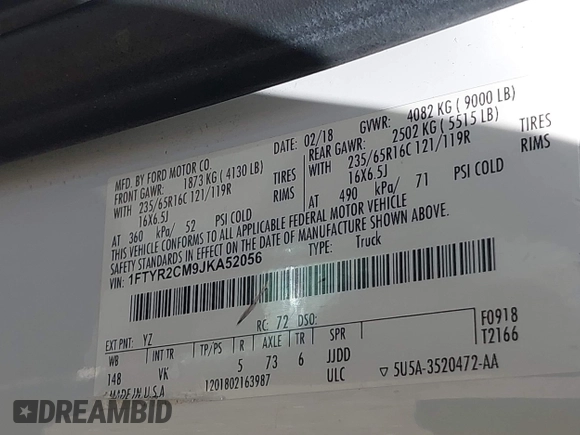 2018 Ford Transit with VIN 1FTYR2CM9JKA52056, listed as a IAAI auction lot 42542981 with 151,835 mi miles and . Bid and sale history available at DreamBid. Image 9.