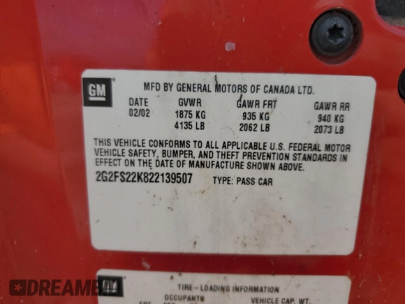 2002 Pontiac Firebird Firebird with VIN 2G2FS22K822139507, listed as a Copart auction lot 85389894 with Not provided miles and Clean title. Bid and sale history available at DreamBid. Image 12.