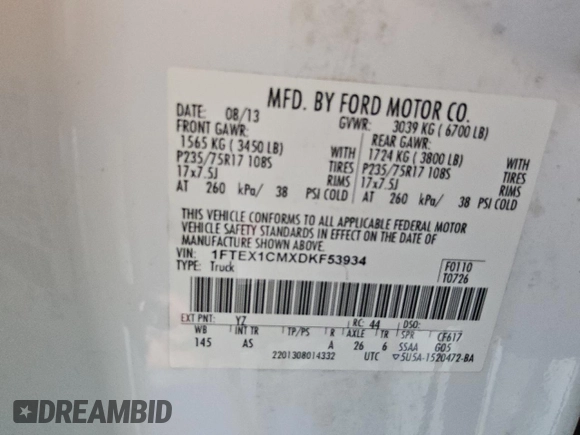 2013 Ford F-150 XL with VIN 1FTEX1CMXDKF53934, listed as a Copart auction lot 61423695 with 200,744 mi miles and Clean title. Bid and sale history available at DreamBid. Image 12.