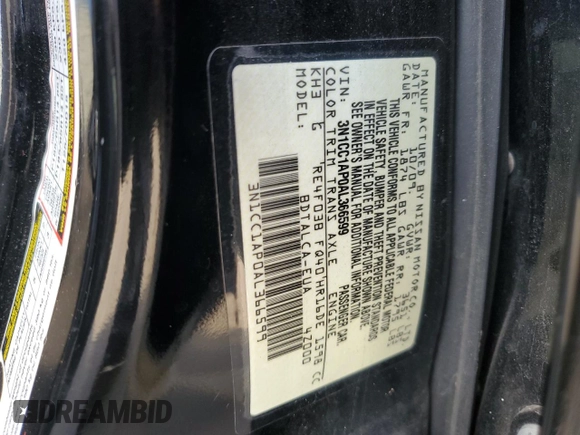 2010 Nissan Versa 1.6 with VIN 3N1CC1AP0AL366599, listed as a Copart auction lot 44592695 with 184,527 mi miles and Salvage Title. Bid and sale history available at carsss.com. Image 14.