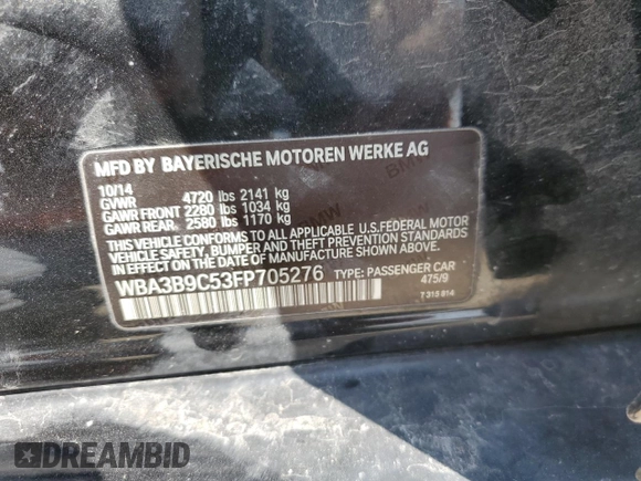 2015 BMW 3 Series 335i xDrive with VIN WBA3B9C53FP705276, listed as a Copart auction lot 68695234 with Not provided miles and Salvage title. Bid and sale history available at DreamBid. Image 12.