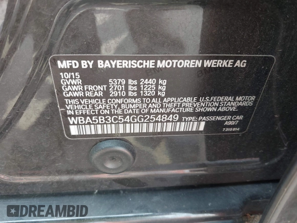 2016 BMW 5 Series 535i xDrive with VIN WBA5B3C54GG254849, listed as a IAAI auction lot 42109585 with 60,256 mi miles and . Bid and sale history available at DreamBid. Image 9.
