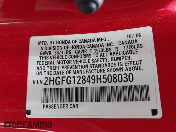 2009 Honda Civic EX with VIN 2HGFG12849H508030, listed as a IAAI auction lot 42004108 with 196,010 mi miles and . Bid and sale history available at DreamBid. Image 9.