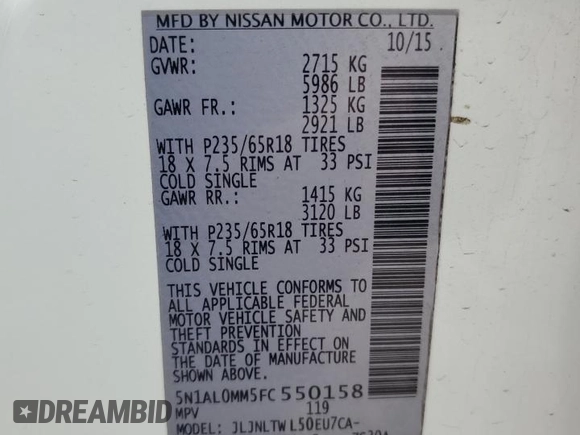 2015 Infiniti QX60 with VIN 5N1AL0MM5FC550158, listed as a Copart auction lot 50143745 with 142,543 mi miles and Salvage title. Bid and sale history available at DreamBid. Image 13.