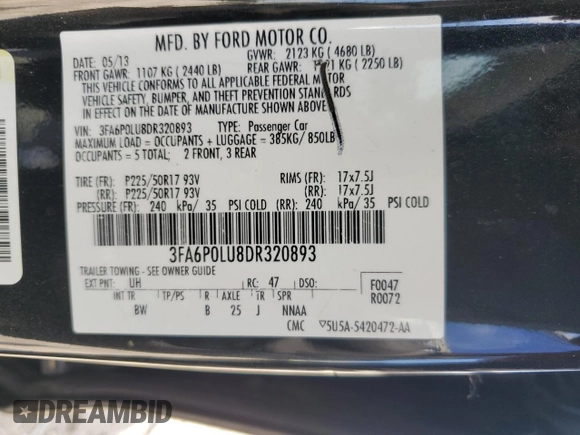 2013 Ford Fusion SE Hybrid with VIN 3FA6P0LU8DR320893, listed as a Copart auction lot 58739245 with 243,887 mi miles and Salvage title. Bid and sale history available at DreamBid. Image 12.