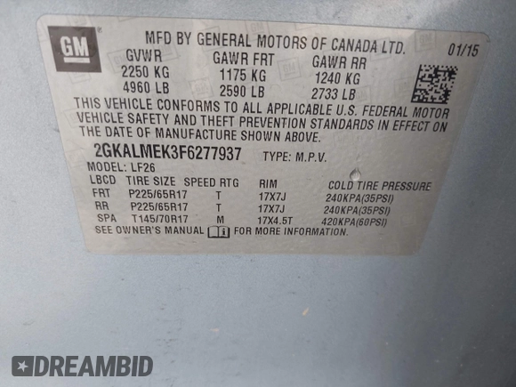 2015 GMC Terrain SLE z VIN 2GKALMEK3F6277937, wystawiony jako IAAI lot #42097187 z przebiegiem 94 420 mil mil oraz . Historia ofert i sprzedaży dostępna na DreamBid. Obrazek 9.