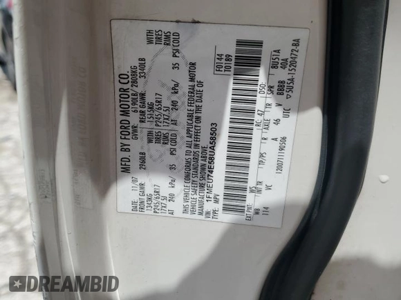 2008 Ford Explorer Eddie Bauer with VIN 1FMEU74E58UA58503, listed as a Copart auction lot 56788295 with 187,358 mi miles and Salvage title. Bid and sale history available at DreamBid. Image 13.