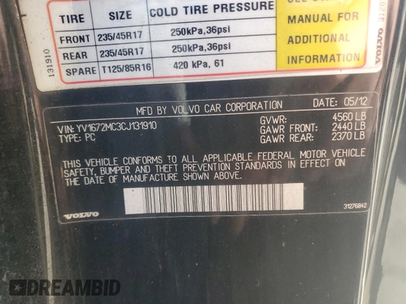 2012 Volvo C70 T5 with VIN YV1672MC3CJ131910, listed as a Copart auction lot 46403165 with 161,270 mi miles and Salvage Title. Bid and sale history available at carsss.com. Image 14.