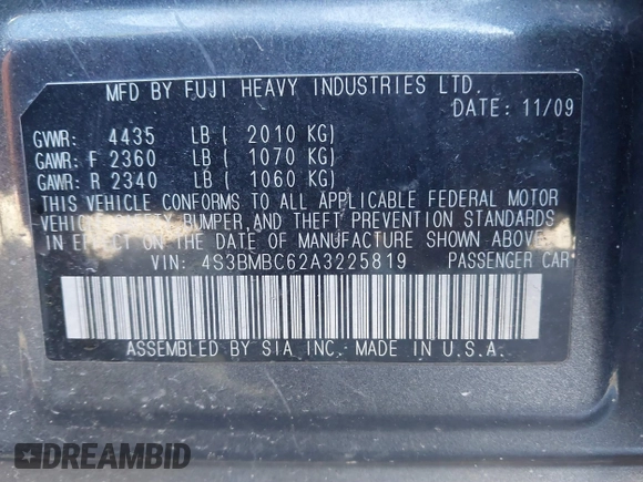 2010 Subaru Legacy Premium All-Weather Anniversary with VIN 4S3BMBC62A3225819, listed as a IAAI auction lot 41822480 with 248,281 mi miles and . Bid and sale history available at DreamBid. Image 9.