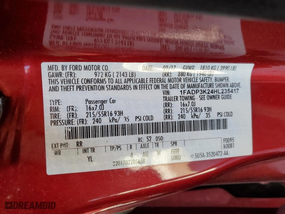 2017 Ford Focus SE with VIN 1FADP3K24HL235417, listed as a Copart auction lot 48990015 with 103,029 mi miles and Salvage Title. Bid and sale history available at carsss.com. Image 12.
