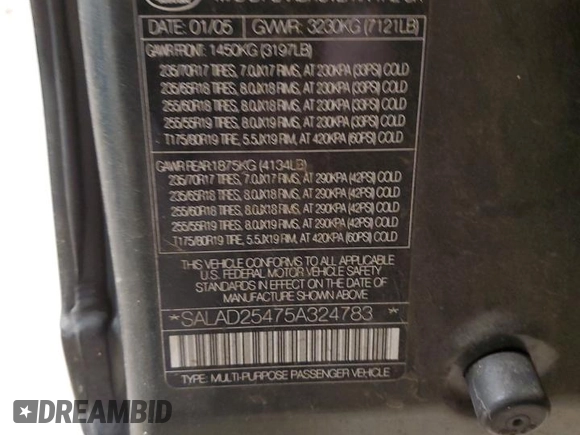 2005 Land Rover LR3 SE z VIN SALAD25475A324783, wystawiony jako Copart lot #46049825 z przebiegiem 197 128 mil mil oraz Szkody całkowita. Historia ofert i sprzedaży dostępna na DreamBid. Obrazek 13.