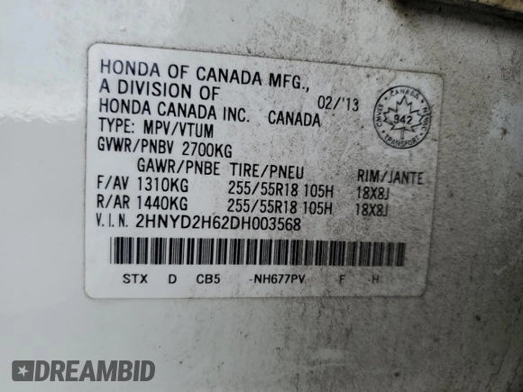 2013 Acura MDX Advance Pkg with VIN 2HNYD2H62DH003568, listed as a Copart auction lot 76693834 with 0 mi miles and Non Repairable. Bid and sale history available at carsss.com. Image 13.