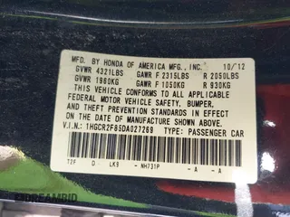 2013 Honda Accord Sdn EX-L with VIN 1HGCR2F85DA027269, listed as a IAAI auction lot 41962077 with 182,769 mi miles. Bid and sale history available at carsss.com. Image 9.