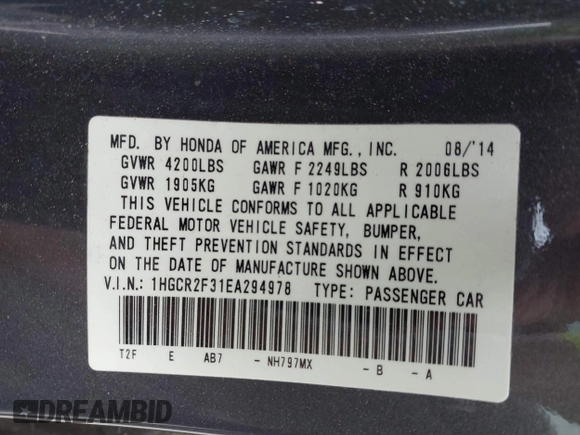 2014 Honda Accord LX with VIN 1HGCR2F31EA294978, listed as a IAAI auction lot 41872422 with 108,632 mi miles and . Bid and sale history available at carsss.com. Image 9.