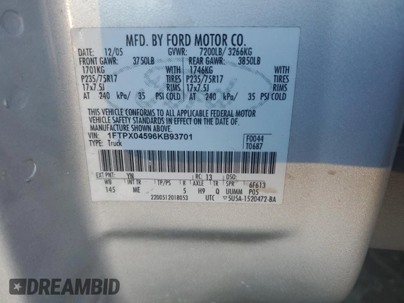2006 Ford F-150 XLT with VIN 1FTPX04596KB93701, listed as a Copart auction lot 87672425 with 102,128 mi miles and Salvage title. Bid and sale history available at DreamBid. Image 12.