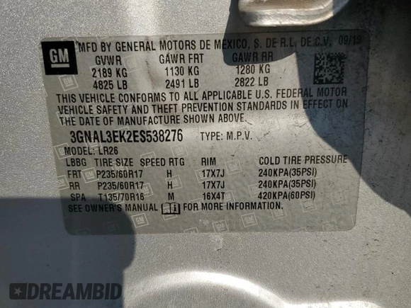 2014 Chevrolet Captiva Sport LT with VIN 3GNAL3EK2ES538276, listed as a Copart auction lot 75681384 with 114,648 mi miles and Salvage Title. Bid and sale history available at DreamBid. Image 13.