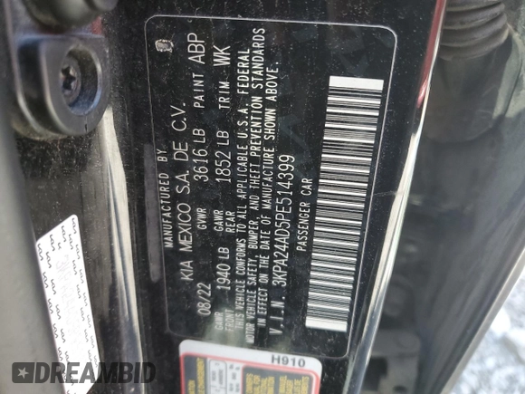 2023 Kia Rio S z VIN 3KPA24AD5PE514399, wystawiony jako Copart lot #52190435 z przebiegiem Nie podano mil oraz Szkoda całkowita • Salvage title. Historia ofert i sprzedaży dostępna na DreamBid. Obrazek 13.