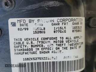 1999 Saturn SL with VIN 1G8ZK5275XZ262816, listed as a Copart auction lot 54144092 with 60,424 mi miles and Salvage title. Bid and sale history available at DreamBid. Image 10.