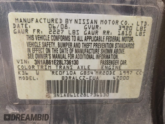 2008 Nissan Sentra S with VIN 3N1AB61E28L736130, listed as a IAAI auction lot 41994084 with 242,622 mi miles and . Bid and sale history available at DreamBid. Image 9.