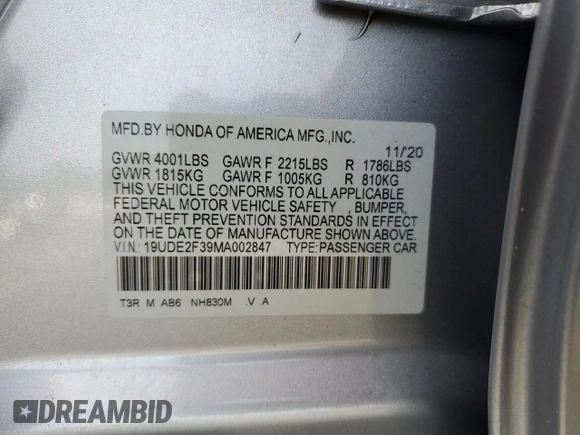 2021 Acura ILX with VIN 19UDE2F39MA002847, listed as a Copart auction lot 58748785 with 67,294 mi miles and Salvage title. Bid and sale history available at DreamBid. Image 13.