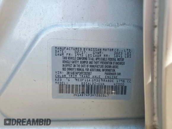 2017 Nissan Sentra SV z VIN 3N1AB7AP3HY282867, wystawiony jako Copart lot #57025445 z przebiegiem 79 690 mil mil oraz Szkoda całkowita • Salvage title. Historia ofert i sprzedaży dostępna na DreamBid. Obrazek 12.