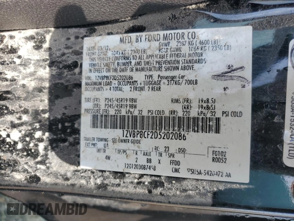 2013 Ford Mustang GT with VIN 1ZVBP8CF2D5202086, listed as a Copart auction lot 52985025 with 83,074 mi miles and Salvage Title. Bid and sale history available at DreamBid. Image 12.