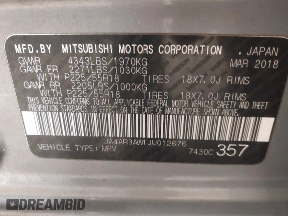 2018 Mitsubishi Outlander Sport SE 2.4 with VIN JA4AR3AW1JU012676, listed as a IAAI auction lot 41618788 with 153,515 mi miles. Bid and sale history available at carsss.com. Image 9.