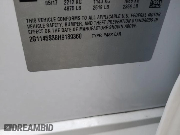 2017 Chevrolet Impala Premier with VIN 2G1145S38H9189360, listed as a Copart auction lot 64002805 with 182,420 mi miles and Salvage title. Bid and sale history available at DreamBid. Image 13.