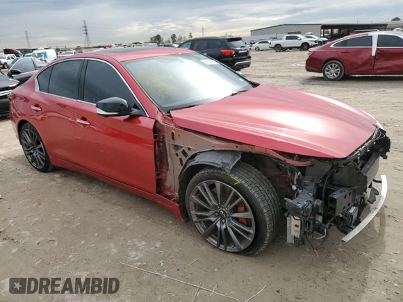 2020 Infiniti Q50 Red Sport 400 with VIN JN1FV7AP4LM630619, listed as a Copart auction lot 89322685 with 49,573 mi miles and Salvage title. Bid and sale history available at DreamBid. Image 4.
