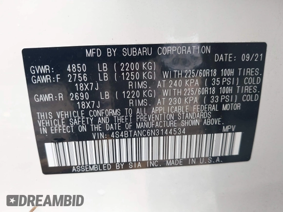 2022 Subaru Outback Limited with VIN 4S4BTANC6N3144534, listed as a IAAI auction lot 42782786 with 47,830 mi miles and . Bid and sale history available at DreamBid. Image 9.