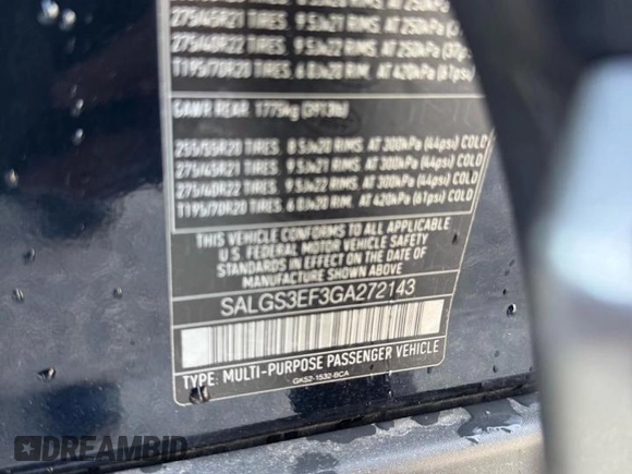 2016 Land Rover Range Rover with VIN SALGS3EF3GA27214, listed as a Copart auction lot 57728565 with 130,965 mi miles and Clean Title. Bid and sale history available at DreamBid. Image 10.