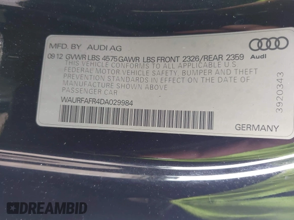 2013 Audi A5 Premium Plus with VIN WAURFAFR4DA029984, listed as a IAAI auction lot 42803580 with 142,745 mi miles and . Bid and sale history available at DreamBid. Image 9.