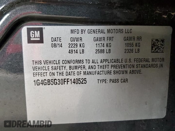 2015 Buick LaCrosse Leather with VIN 1G4GB5G30FF140525, listed as a Copart auction lot 47444925 with 123,862 mi miles and Salvage Title. Bid and sale history available at carsss.com. Image 12.